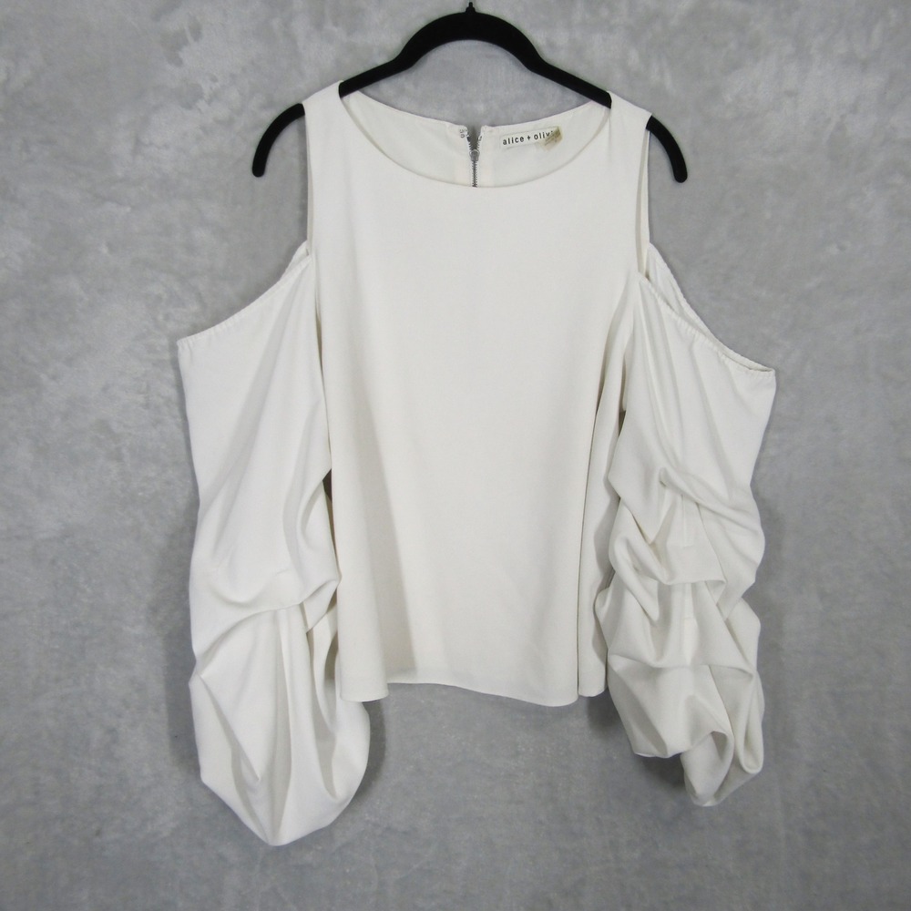 Alice + Olivia Cream Cold Shoulder Ruched Puff Sleeve Blouse Size 10 Off White